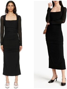 GANNI Ruched Flocked Mesh Midi Dress In Black